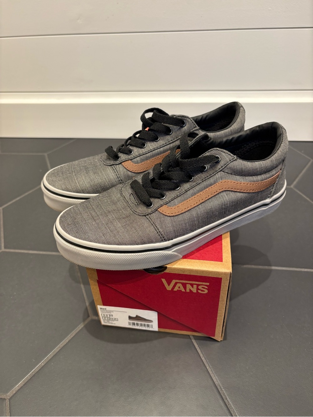Vans Men’s Gray Canvas Sneakers with Brown Side Stripe
